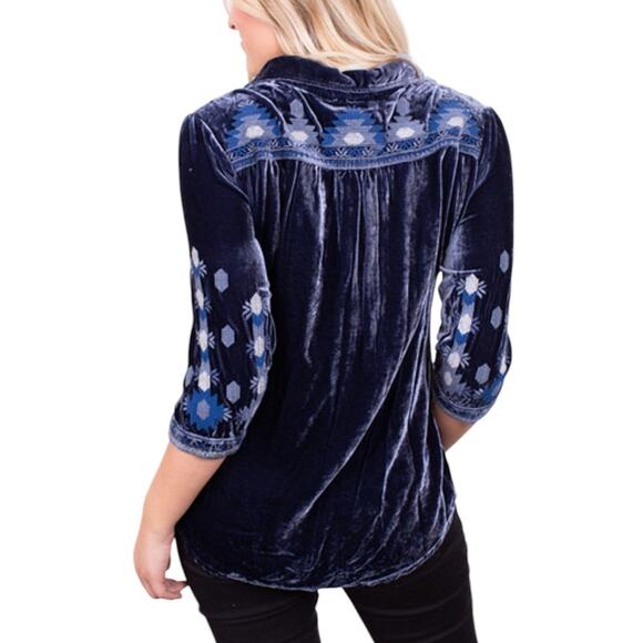 Johnny Was Blue Nomi Velvet Smock Button Down Shirt - Picture 4 of 11